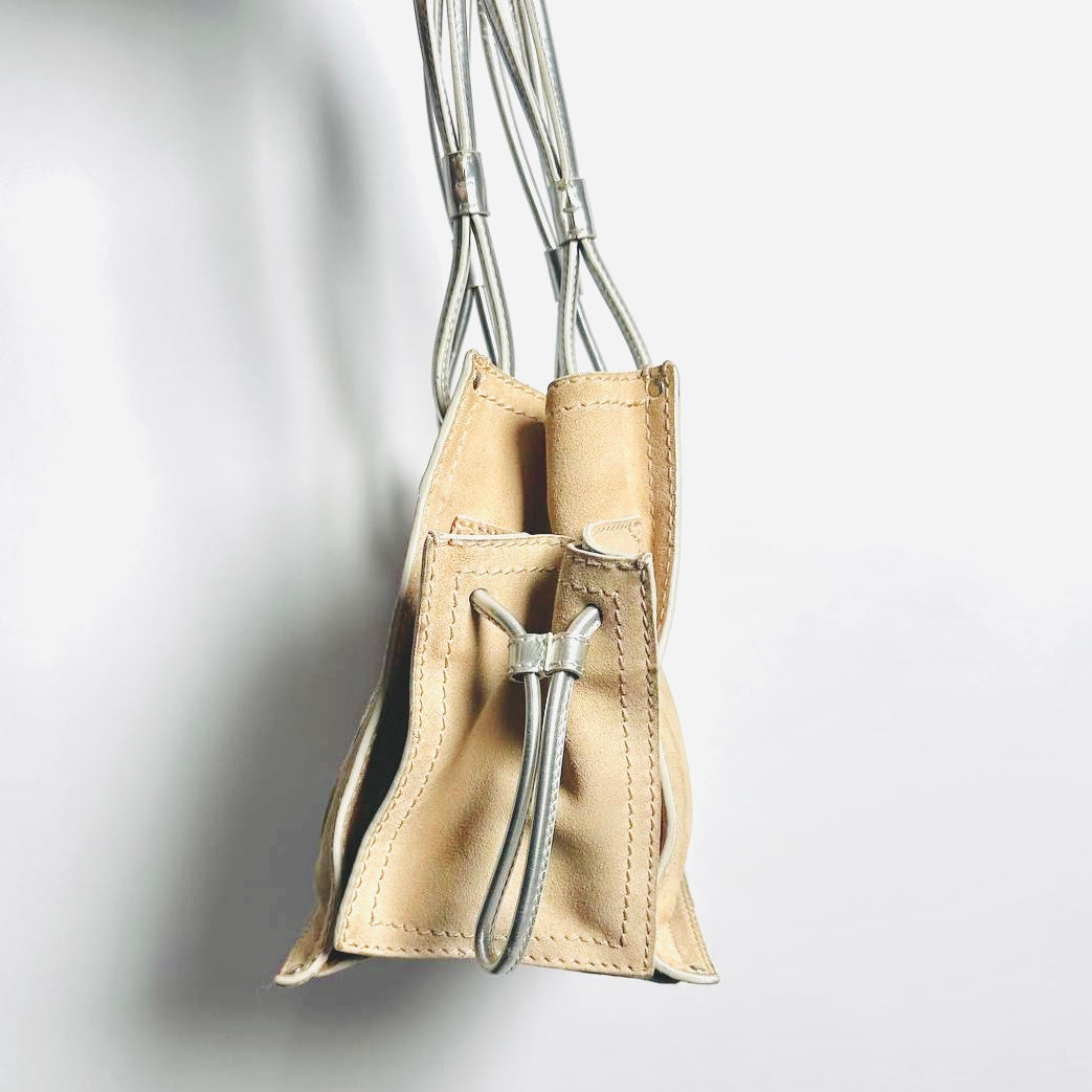 Loewe Taupe Beige Giant Silver Anagram Logo Monogram Suede Leather Shopper Shoulder Bucket Tote Bag