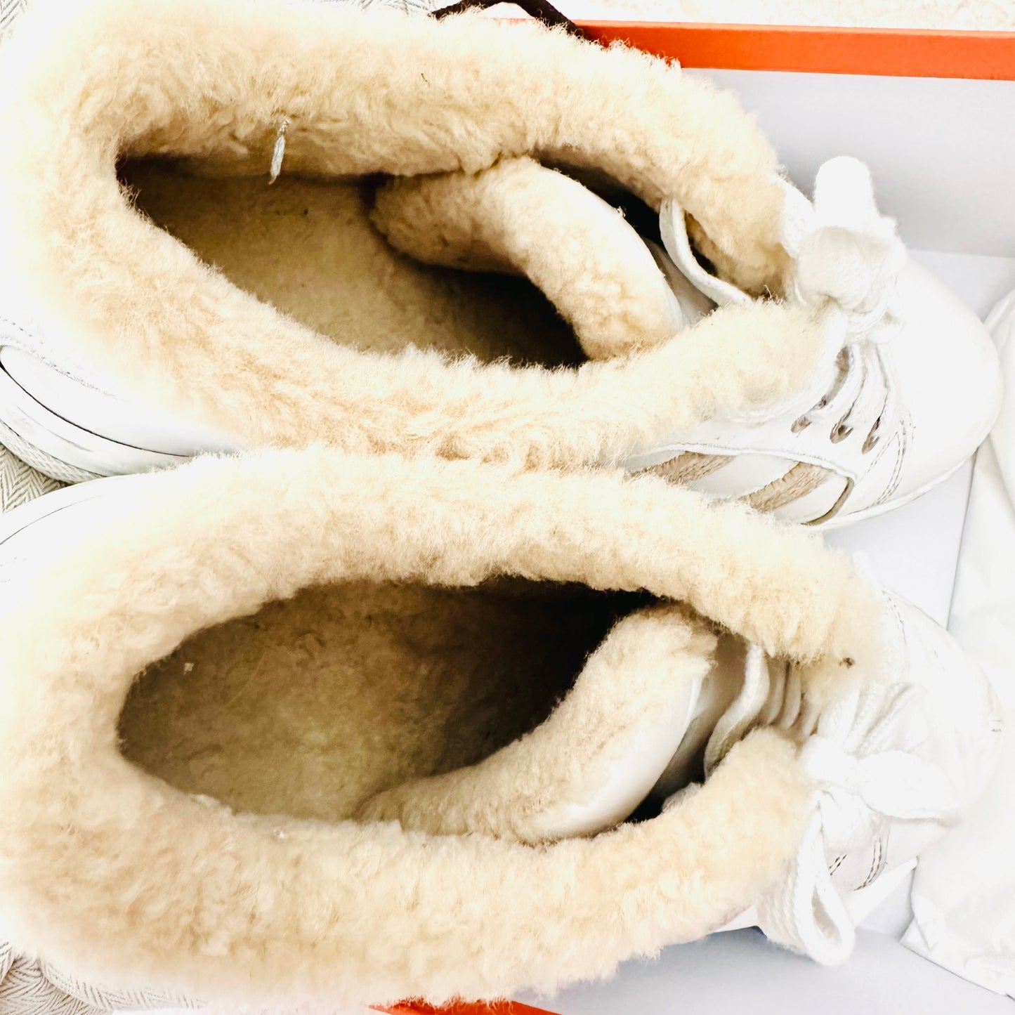 Hermes Dare Giant H Monogram Logo Shearling Furry Fur / White Calfskin Leather Lace Up Sneakers Shoes