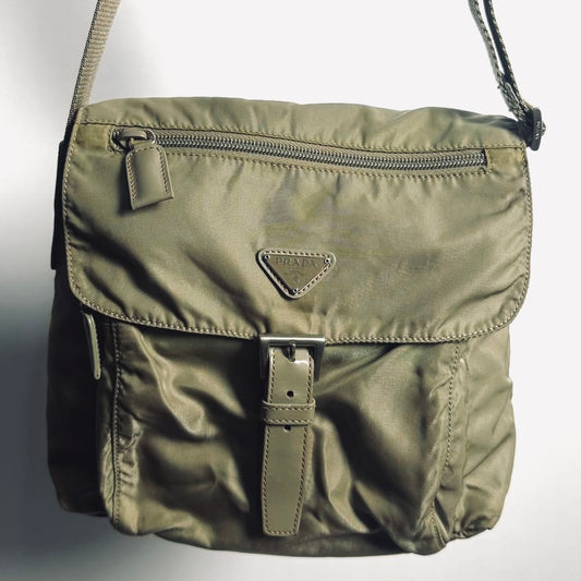 Prada Sage Green Khaki Tessuto Monogram Logo Nylon & Leather Flap Shoulder Sling Bag