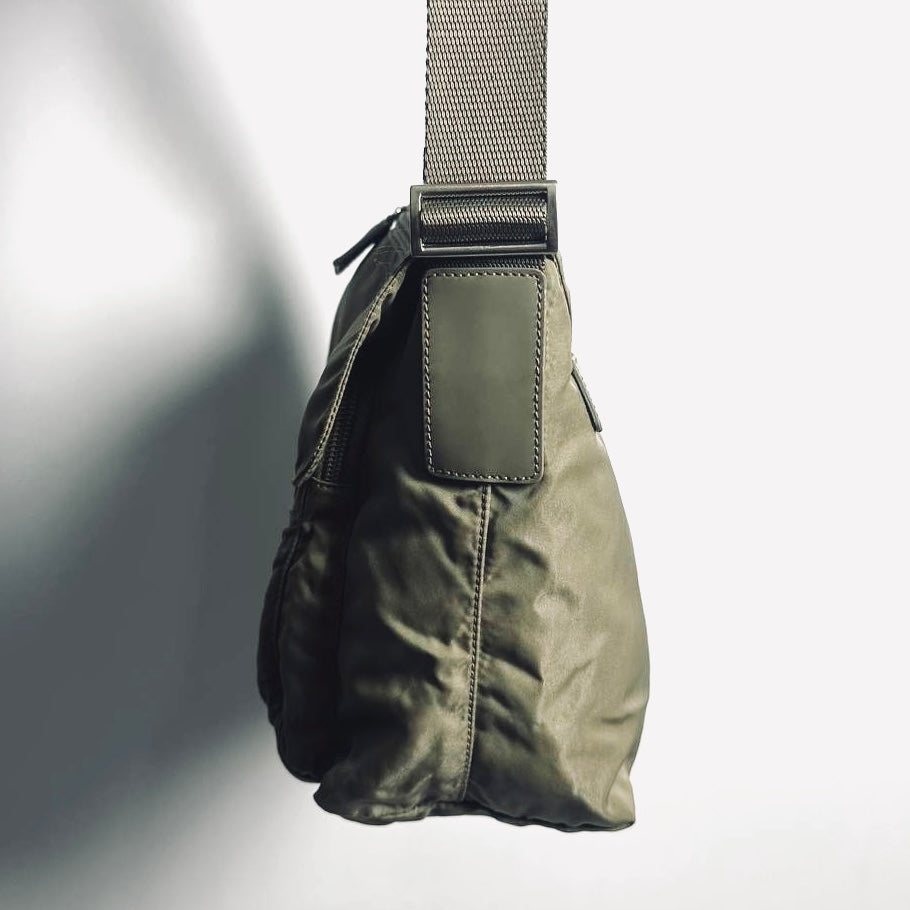 Prada Sage Green Khaki Tessuto Monogram Logo Nylon & Leather Flap Shoulder Sling Bag