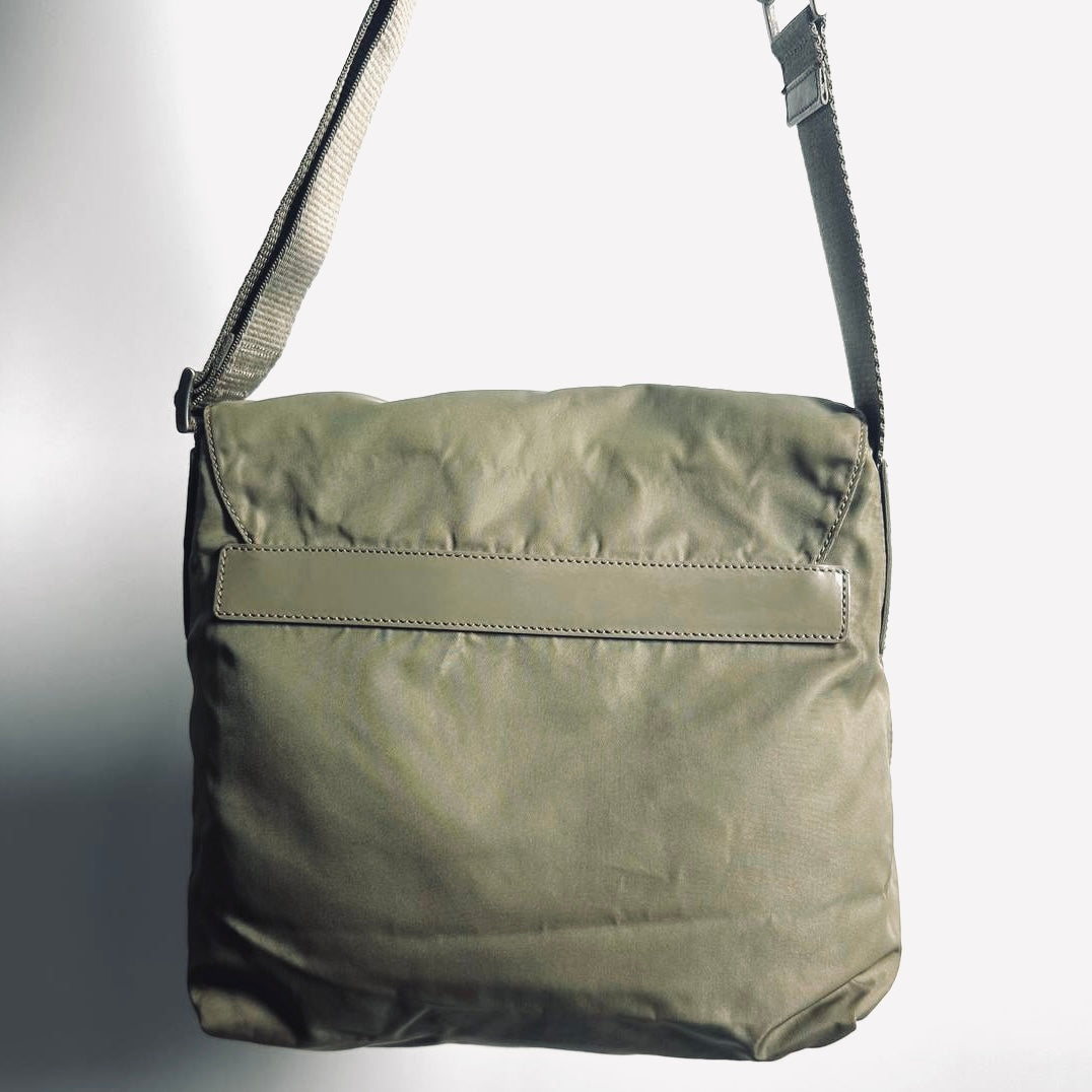Prada Sage Green Khaki Tessuto Monogram Logo Nylon & Leather Flap Shoulder Sling Bag