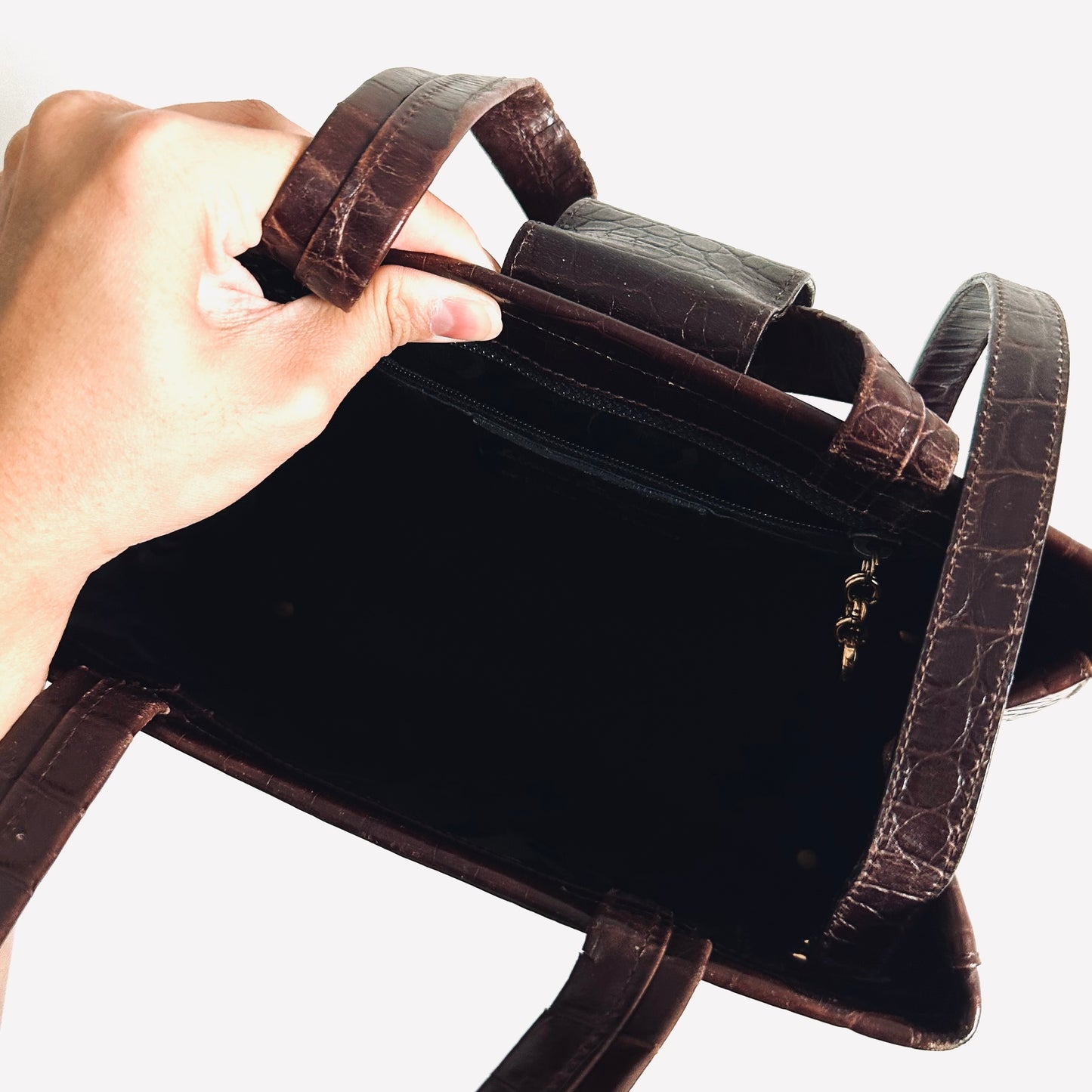 Salvatore Ferragamo Vara Dark Brown GHW Croc Embossed Leather 2-Way Shoulder Sling Top Handle Kelly Bag