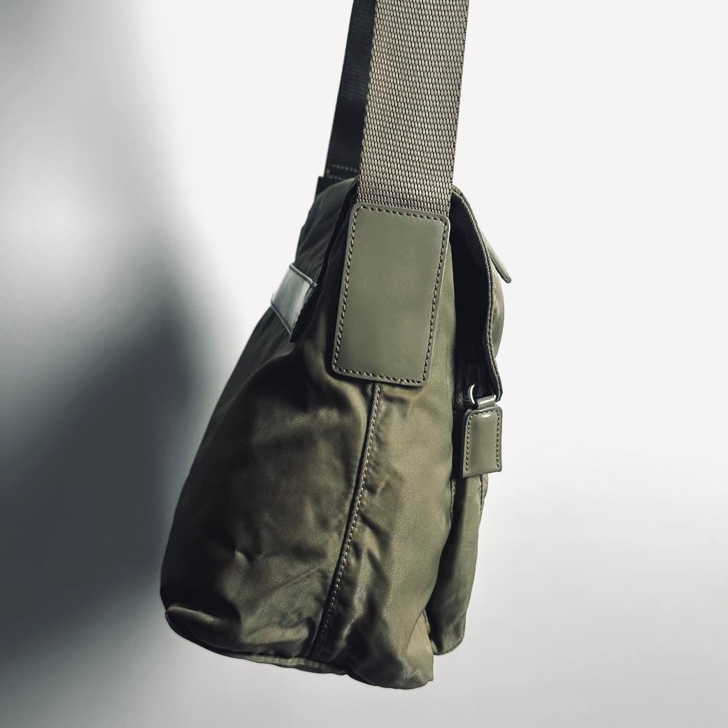 Prada Sage Green Khaki Tessuto Monogram Logo Nylon & Leather Flap Shoulder Sling Bag