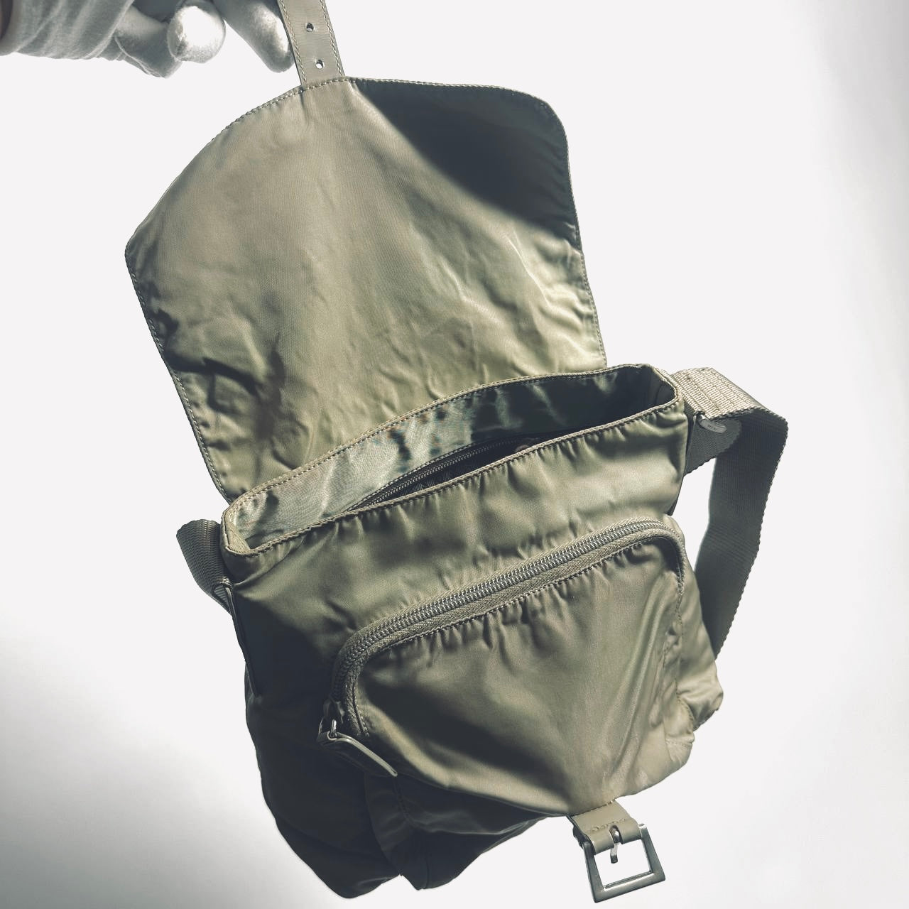 Prada Sage Green Khaki Tessuto Monogram Logo Nylon & Leather Flap Shoulder Sling Bag