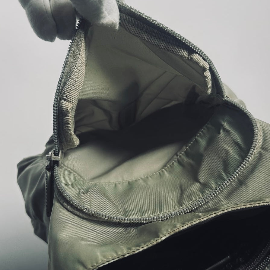 Prada Sage Green Khaki Tessuto Monogram Logo Nylon & Leather Flap Shoulder Sling Bag