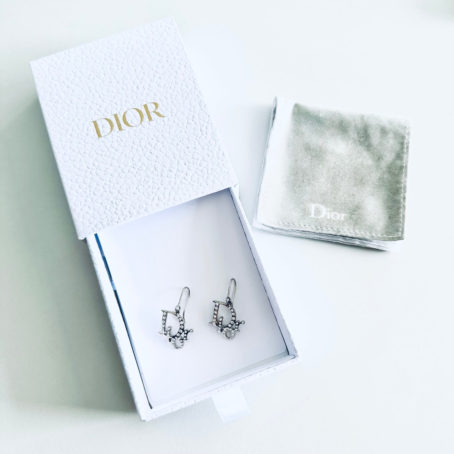 Christian Dior CD Signature Logo Large Classic Silver & Crystals Dangling Earrings