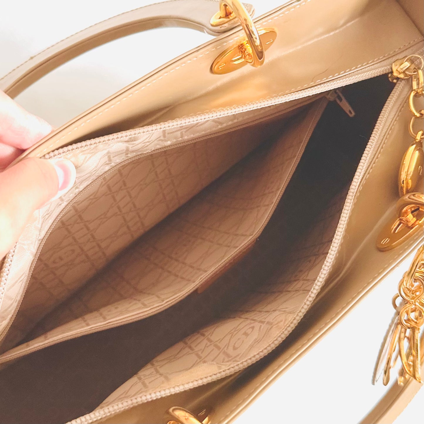 Christian Dior CD Beige GHW Large Lady Dior Patent Leather Shoulder Sling Top Handle Vintage Bag