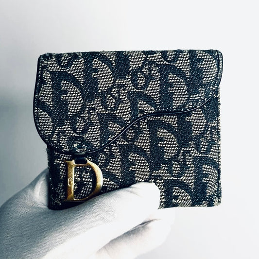 Christian Dior CD Saddle Dark Navy Blue GHW Oblique Monogram Logo Vintage Bifold Compact Wallet