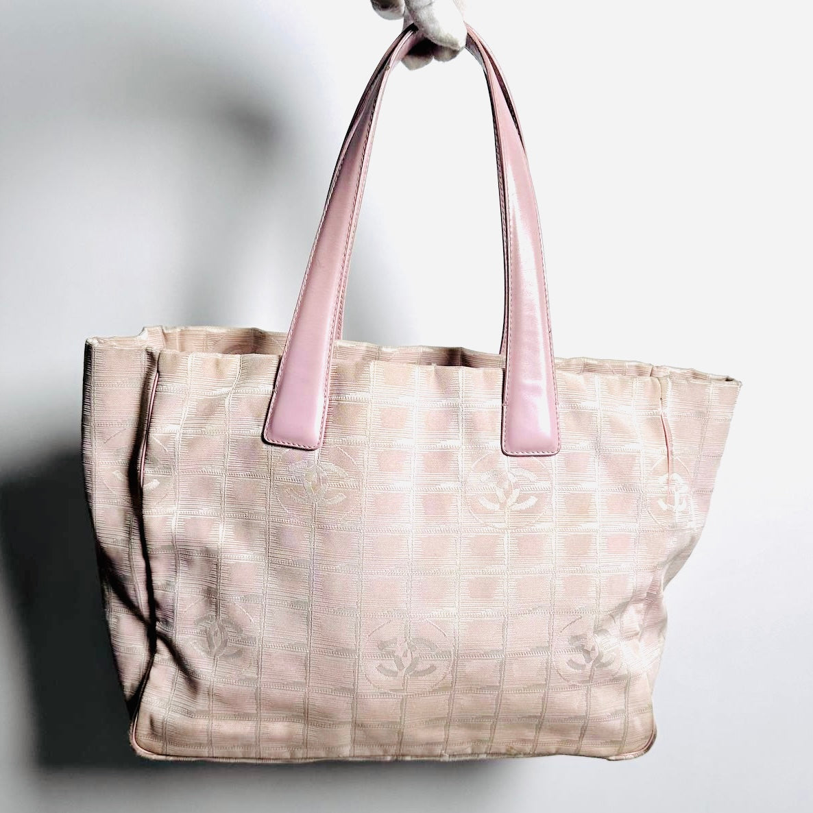 Chanel Pink GHW Travel Line Quilted Jacquard CC Monogram Logo Shopper Shoulder Tote Bag 8s