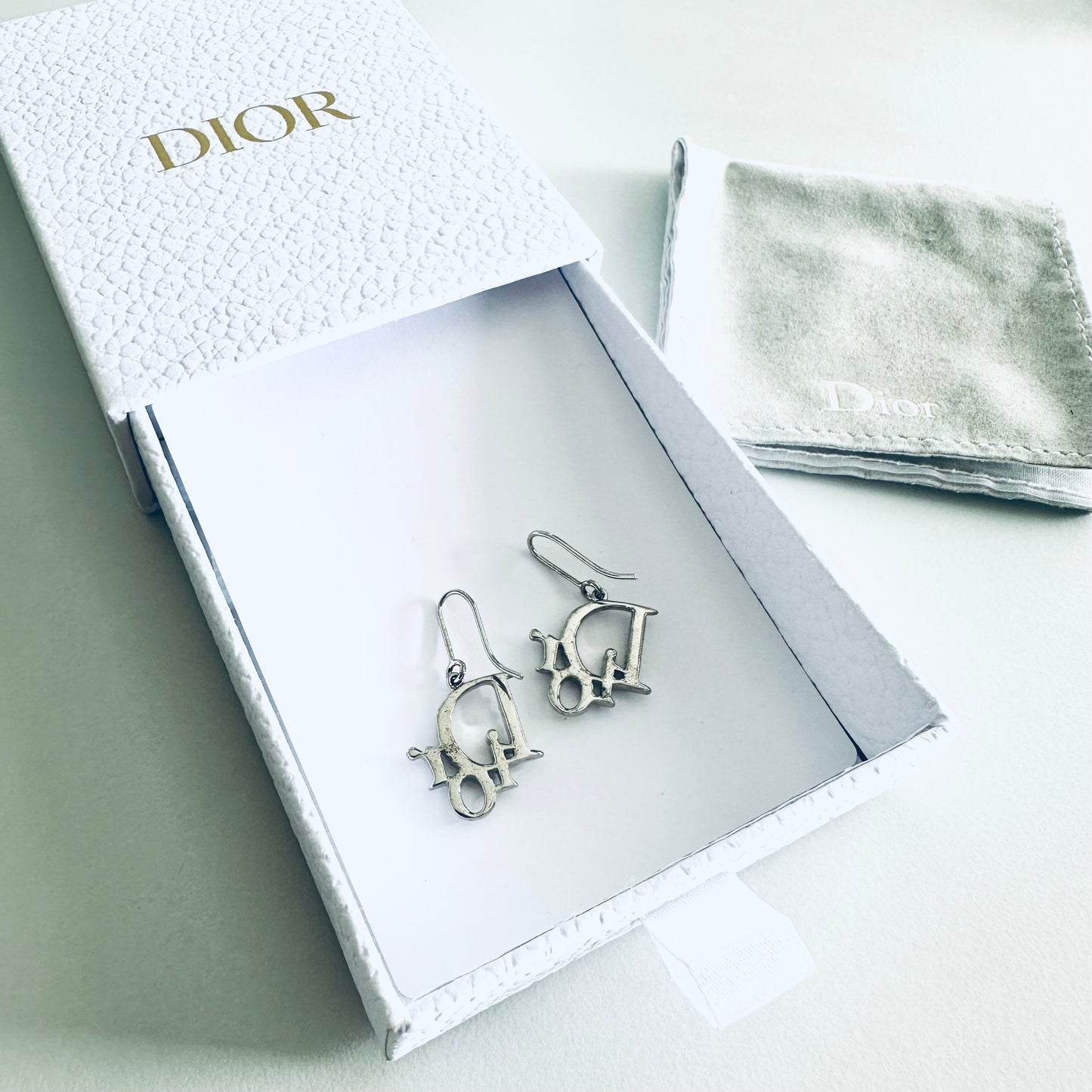 Christian Dior CD Signature Logo Large Classic Silver & Crystals Dangling Earrings