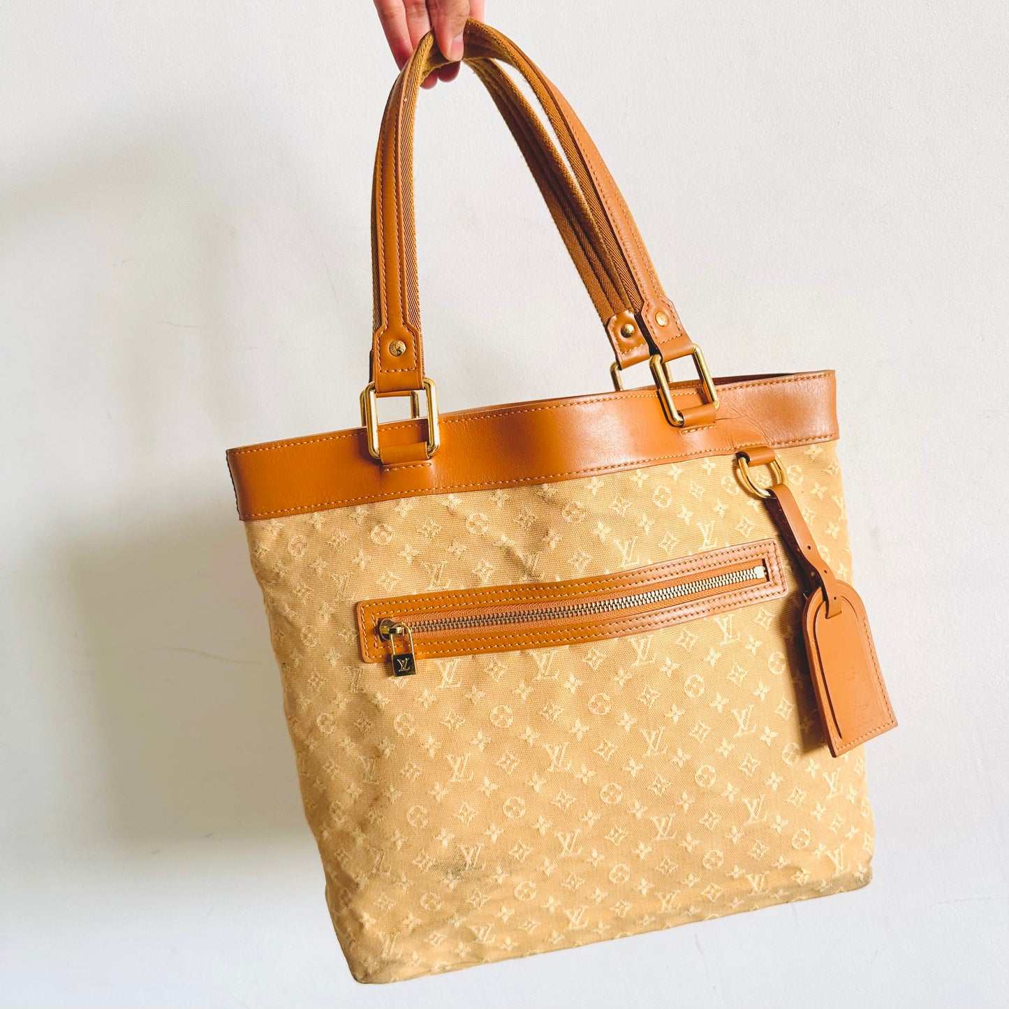 Louis Vuitton LV Mini Lin Lucille Caramel Brown / Beige GHW Monogram Logo Shopper Shoulder Tote Bag