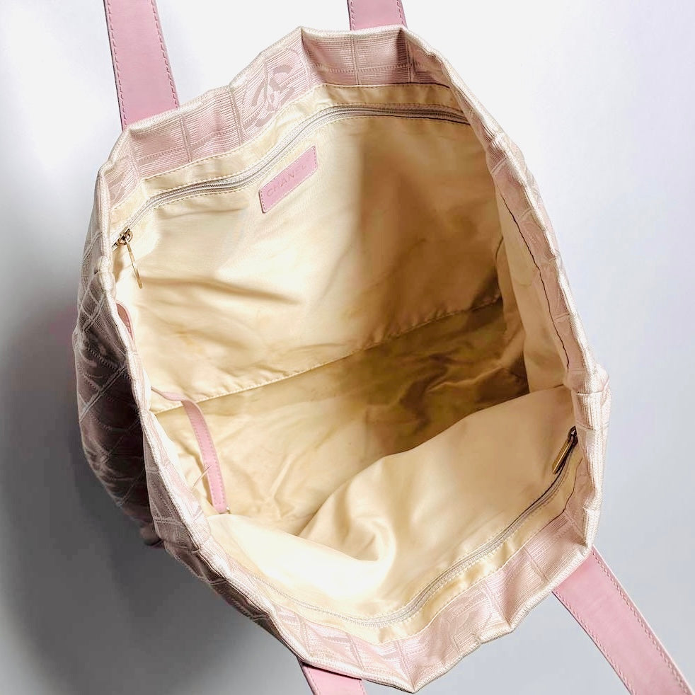 Chanel Pink GHW Travel Line Quilted Jacquard CC Monogram Logo Shopper Shoulder Tote Bag 8s