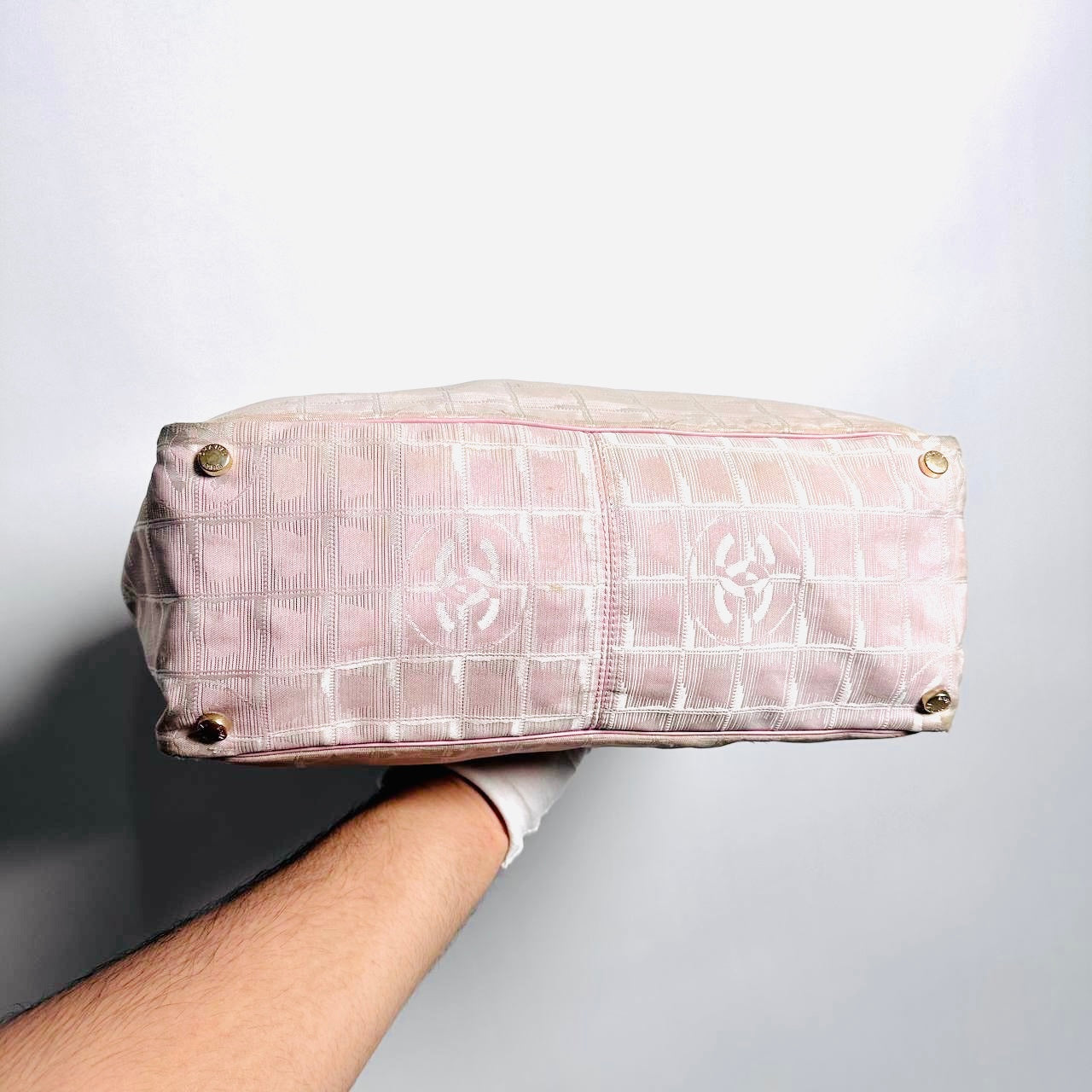 Chanel Pink GHW Travel Line Quilted Jacquard CC Monogram Logo Shopper Shoulder Tote Bag 8s