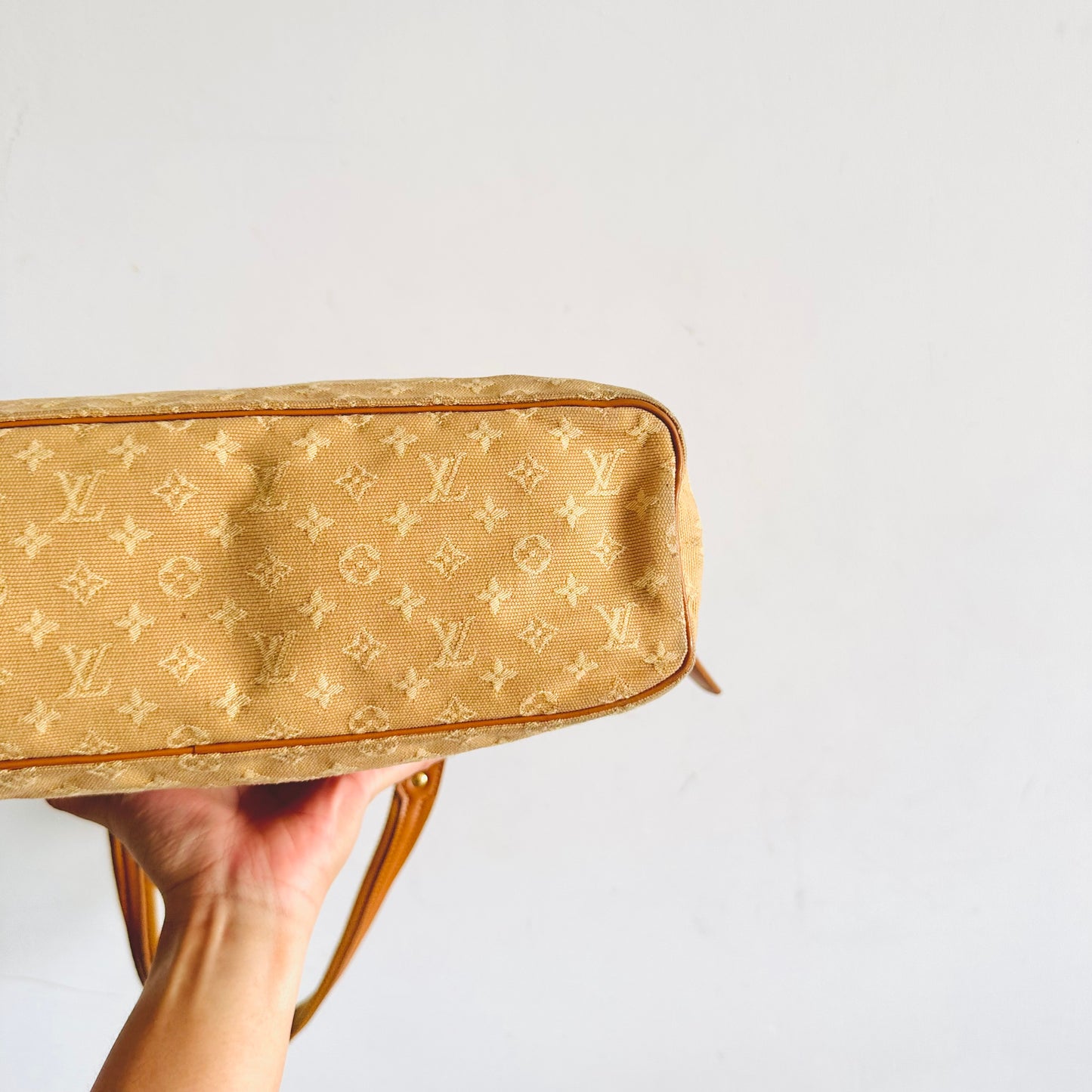 Louis Vuitton LV Mini Lin Lucille Caramel Brown / Beige GHW Monogram Logo Shopper Shoulder Tote Bag