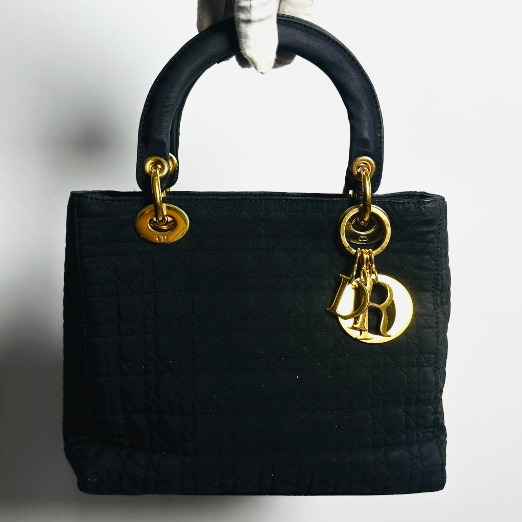 Christian Dior CD Medium Lady Dior Black GHW Quilted Cannage Jersey Fabric Top Handle Shopper Tote Bag