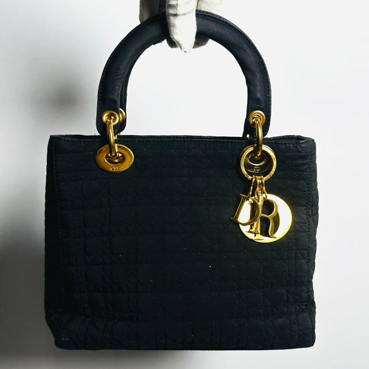Christian Dior CD Medium Lady Dior Black GHW Quilted Cannage Jersey Fabric Top Handle Shopper Tote Bag