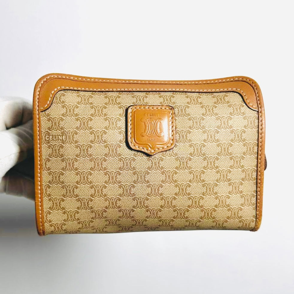 Celine Beige GHW Triomphe Macadam Monogram Logo GHW Mini Zip Clutch Pouch Case