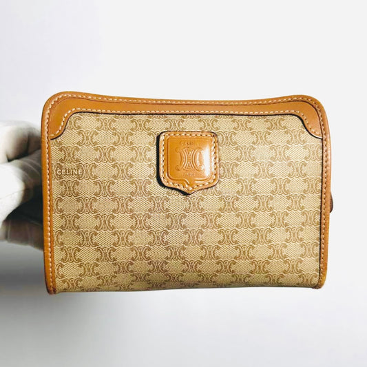 Celine Beige GHW Triomphe Macadam Monogram Logo GHW Mini Zip Clutch Pouch Case