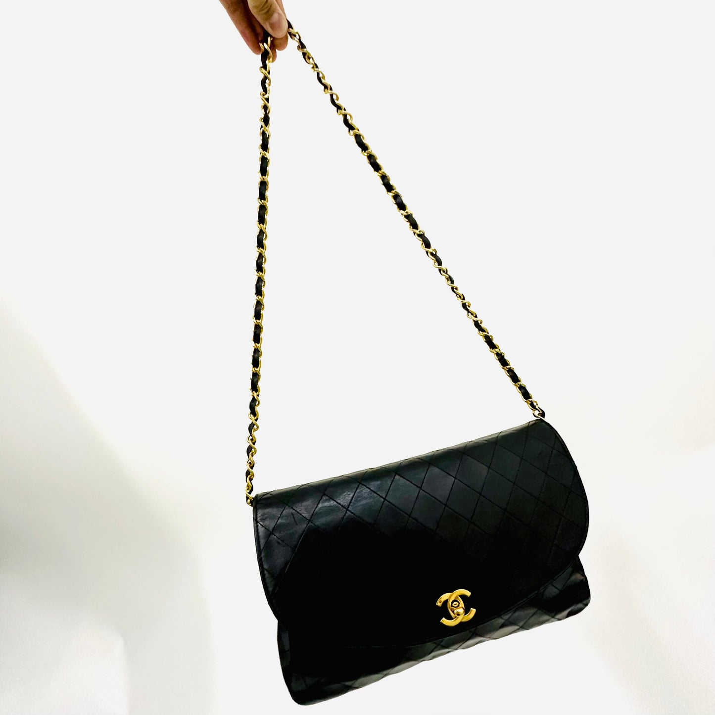 Chanel Black GHW Giant CC Monogram Logo Single Half Moon Flap Quilted Lambskin Vintage Turnlock Shoulder Sling Bag 1s