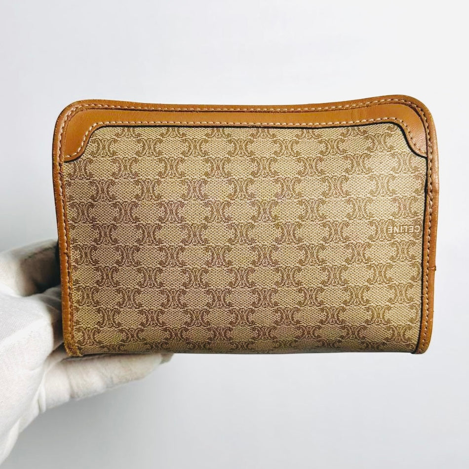 Celine Beige GHW Triomphe Macadam Monogram Logo GHW Mini Zip Clutch Pouch Case