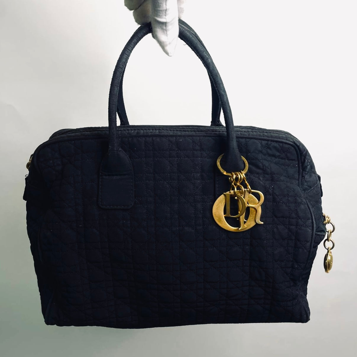 Christian Dior CD Black GHW Lady Dior Cannage Quilted Nylon Top Handle Boston Shopper Tote Bag