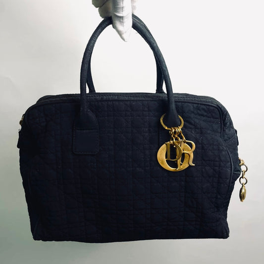 Christian Dior CD Black GHW Lady Dior Cannage Quilted Nylon Top Handle Boston Shopper Tote Bag