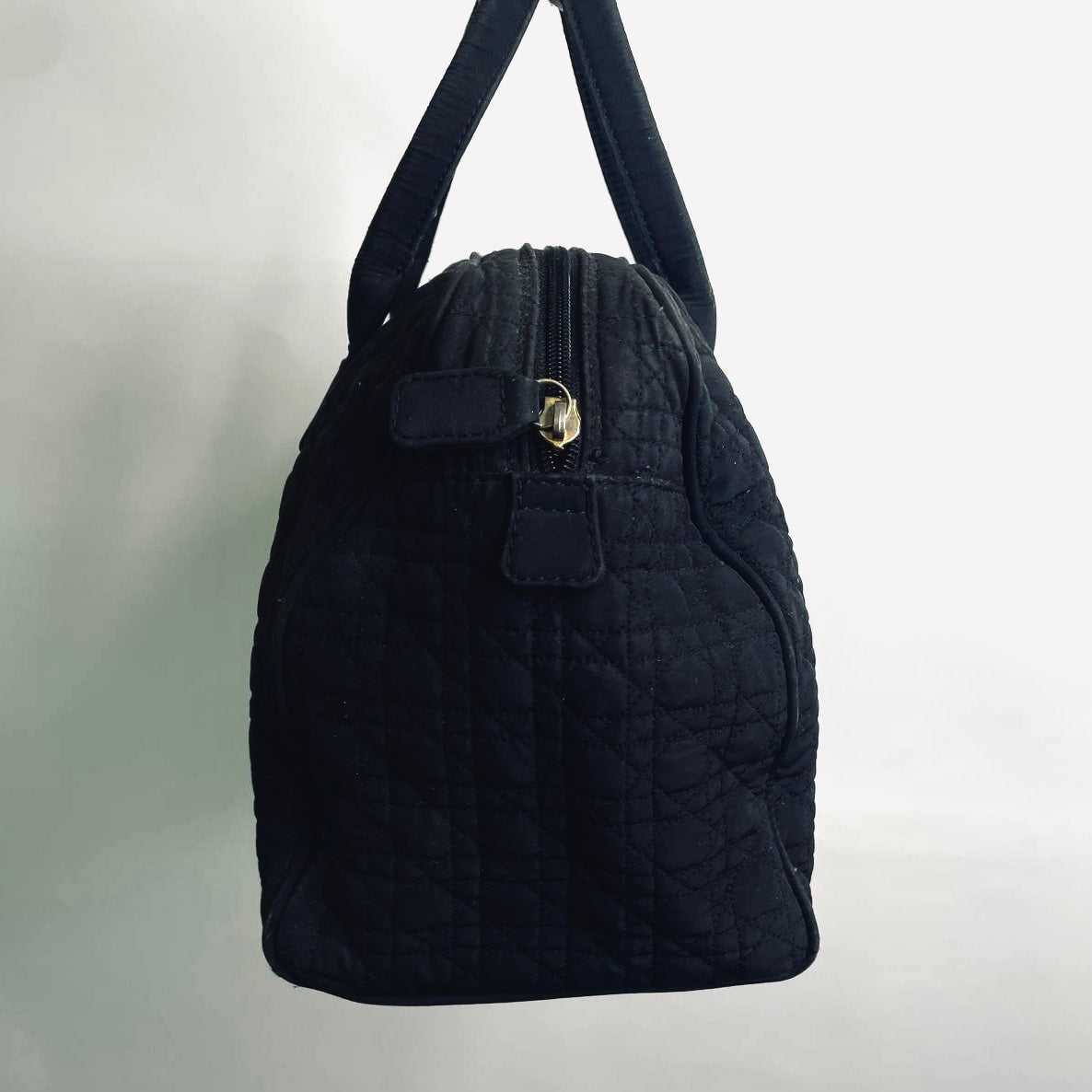 Christian Dior CD Black GHW Lady Dior Cannage Quilted Nylon Top Handle Boston Shopper Tote Bag