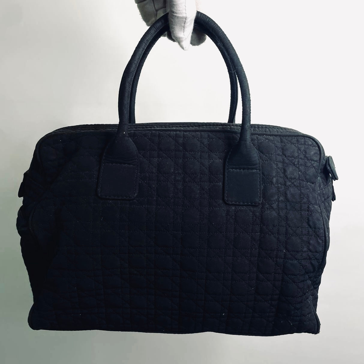 Christian Dior CD Black GHW Lady Dior Cannage Quilted Nylon Top Handle Boston Shopper Tote Bag