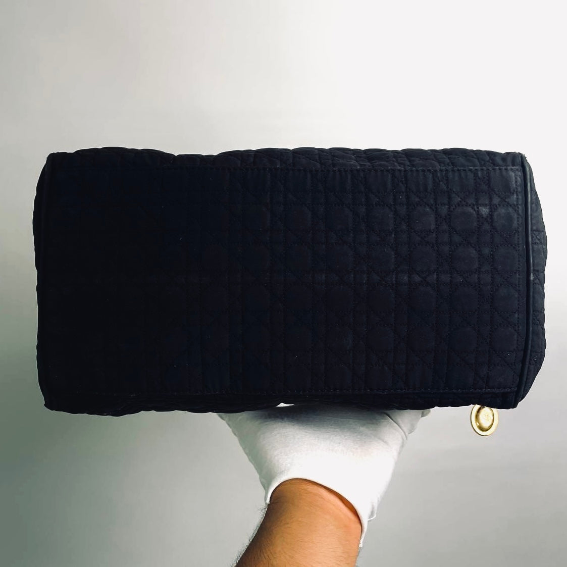 Christian Dior CD Black GHW Lady Dior Cannage Quilted Nylon Top Handle Boston Shopper Tote Bag