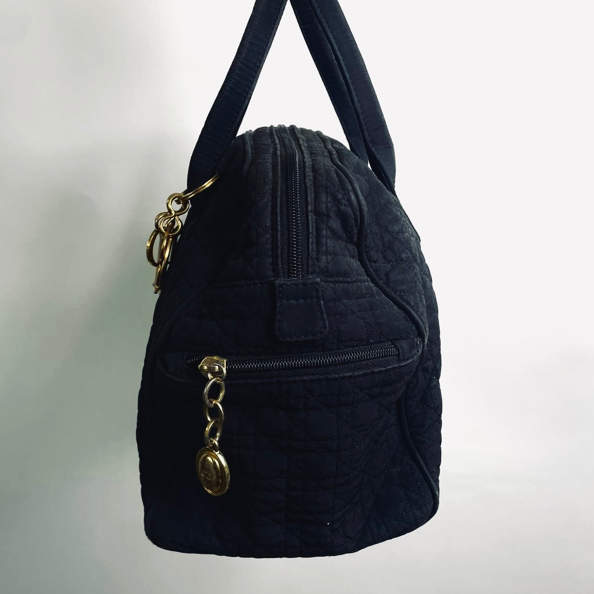 Christian Dior CD Black GHW Lady Dior Cannage Quilted Nylon Top Handle Boston Shopper Tote Bag