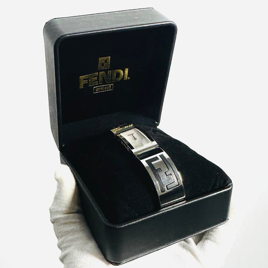 Fendi FF Monogram Logo White Dial Rectangular Stainless Steel 22MM Quartz Watch