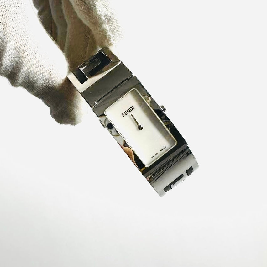 Fendi FF Monogram Logo White Dial Rectangular Stainless Steel 22MM Quartz Watch
