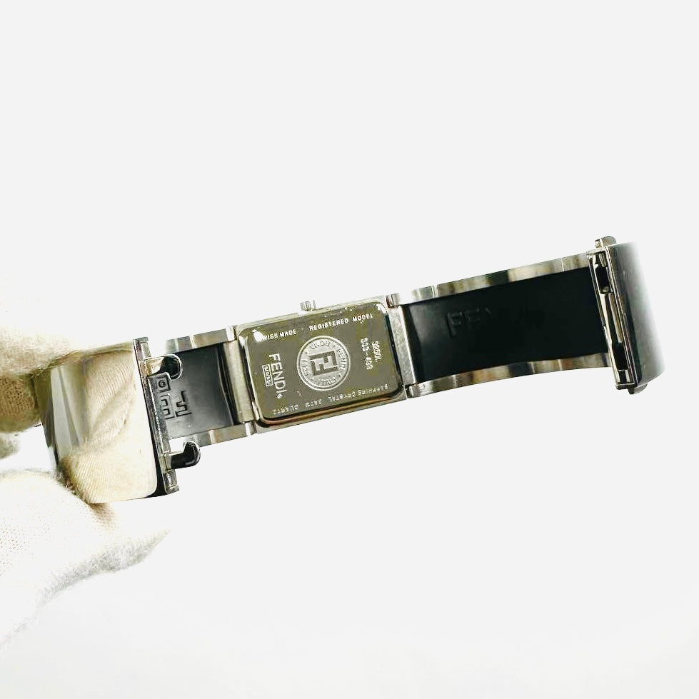 Fendi FF Monogram Logo White Dial Rectangular Stainless Steel 22MM Quartz Watch