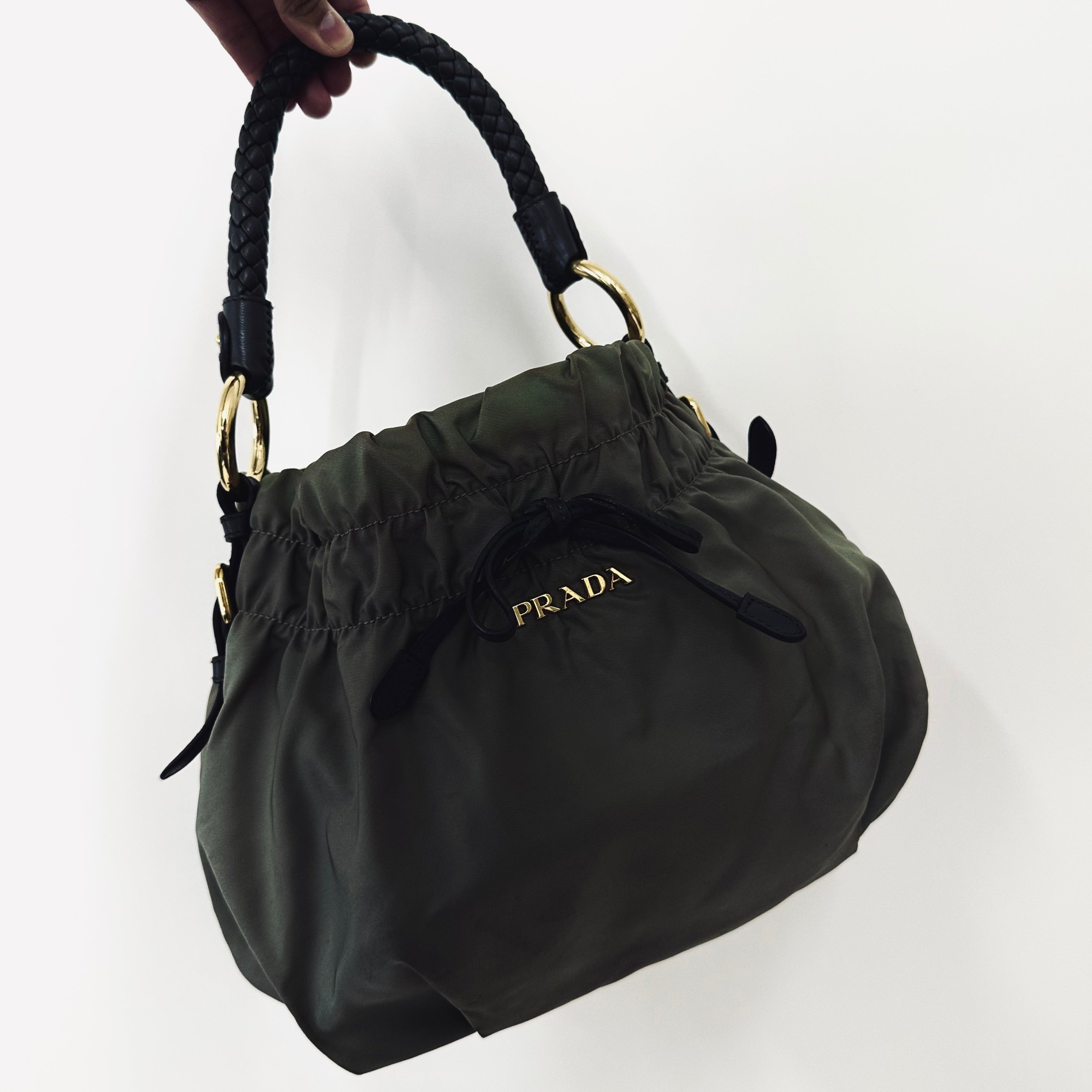 Prada Tessuto Bow Sage Green GHW Ruched Classic Logo Nylon Leather Hobo Baguette Top Handle Shoulder Bag