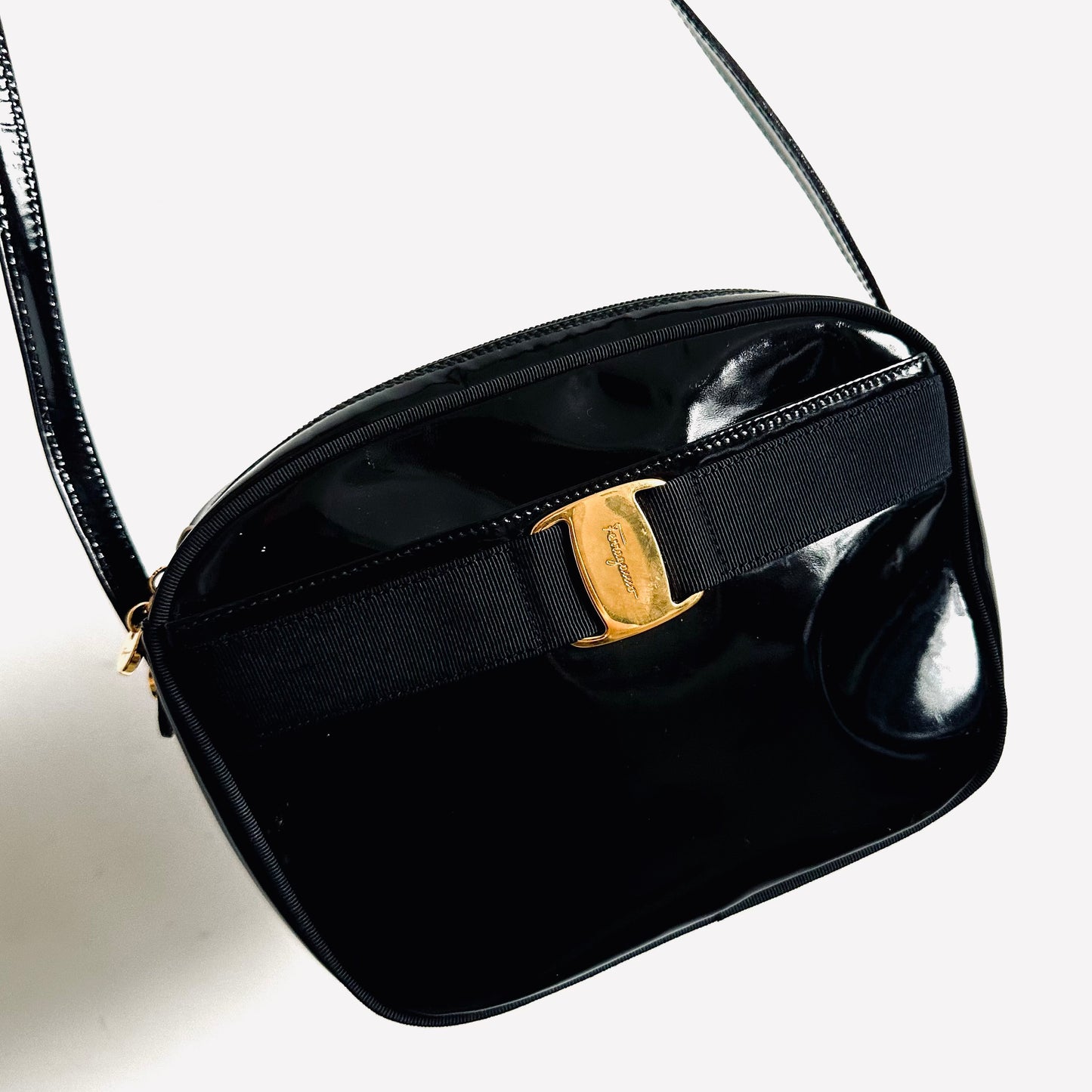 Salvatore Ferragamo Black GHW Vara Bow Camera Patent Leather Shoulder Sling Bag