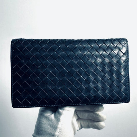 Bottega Veneta BV Navy Blue Intrecciato Nappa Woven Leather Long Flap Bifold Wallet