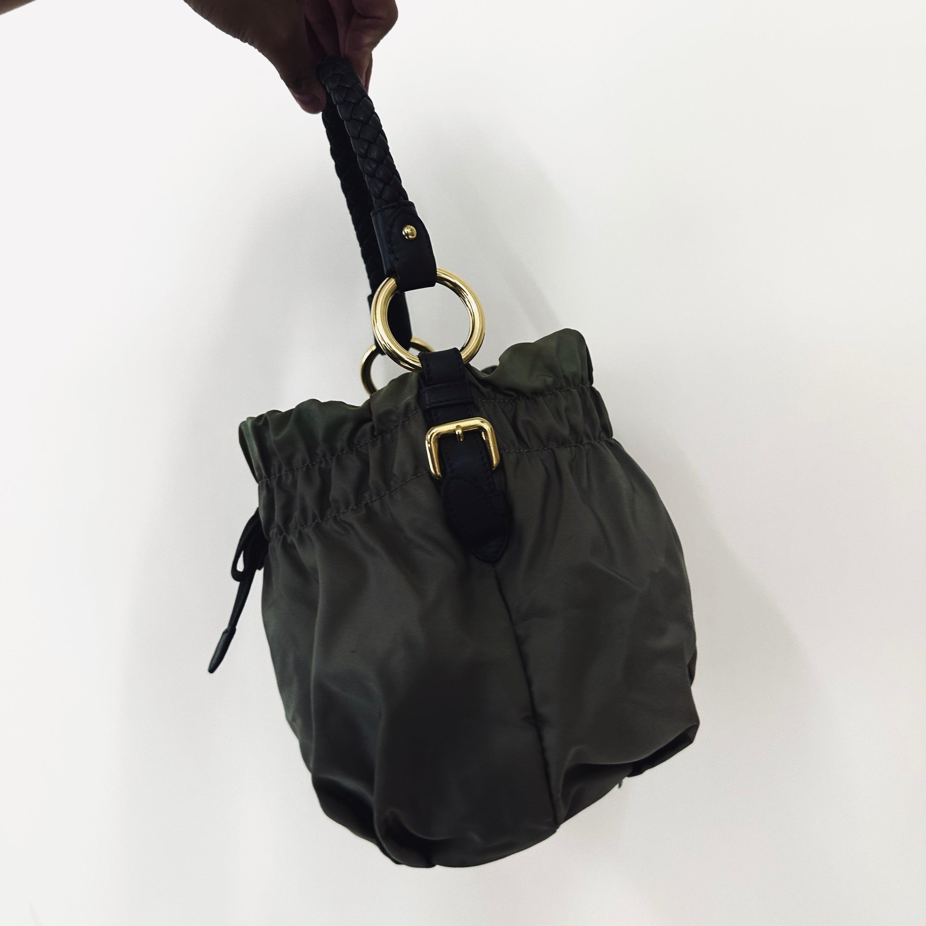 Prada Tessuto Bow Sage Green GHW Ruched Classic Logo Nylon Leather Hobo Baguette Top Handle Shoulder Bag