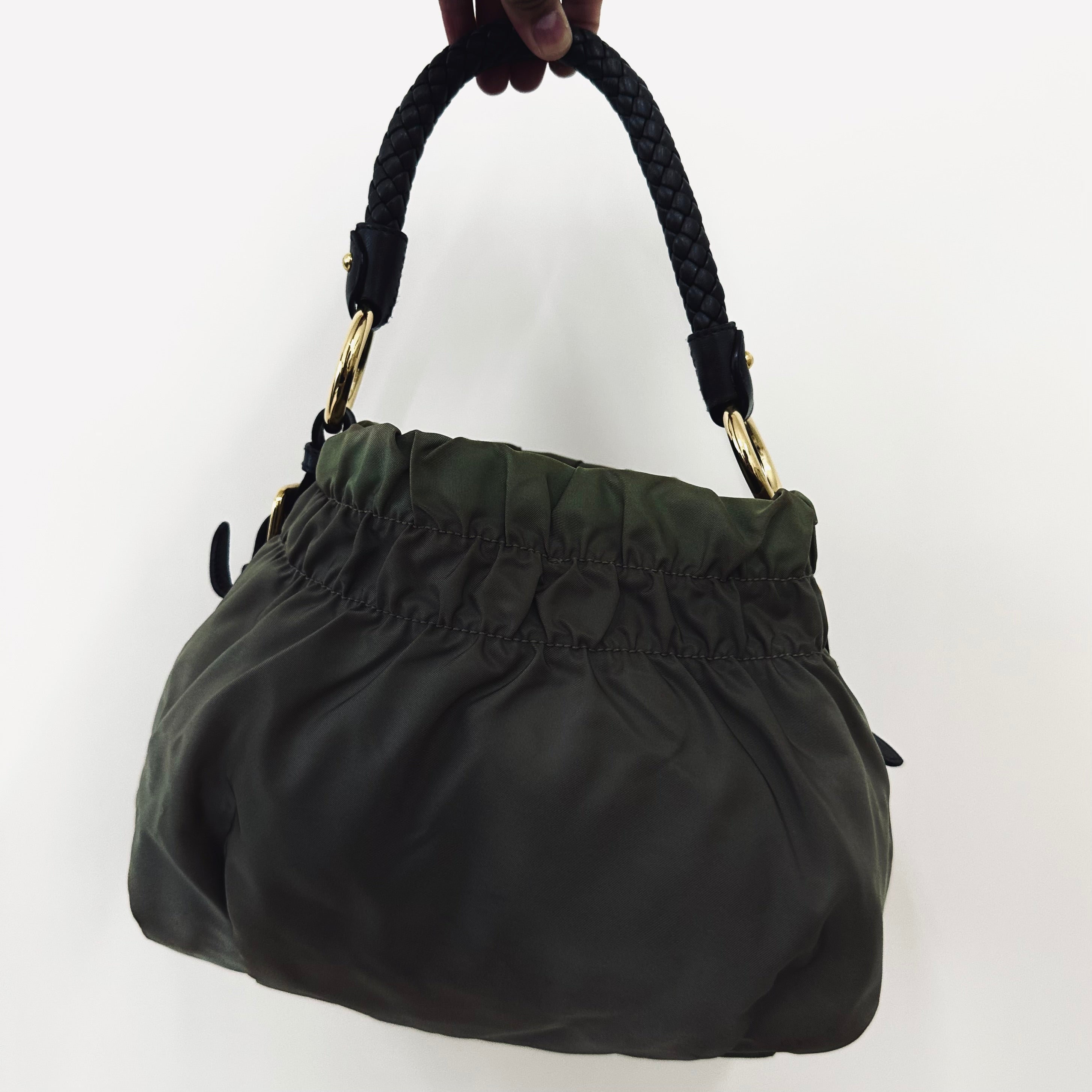 Prada Tessuto Bow Sage Green GHW Ruched Classic Logo Nylon Leather Hobo Baguette Top Handle Shoulder Bag