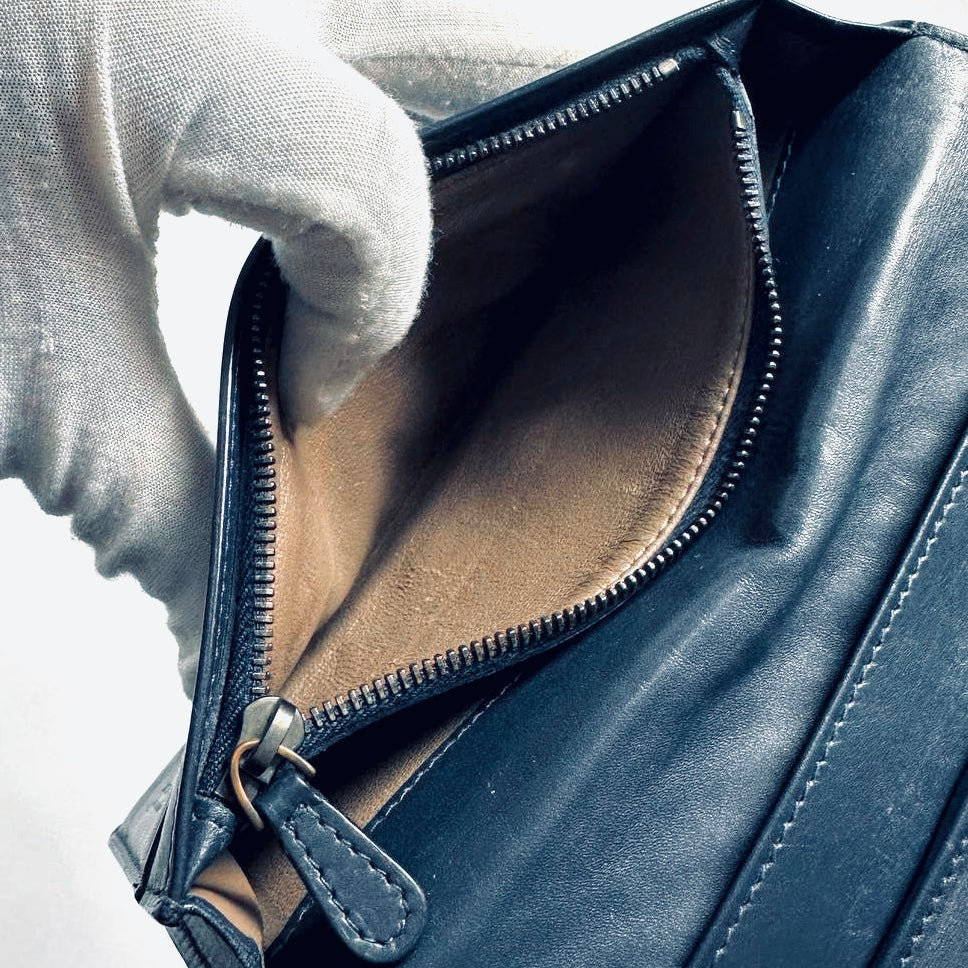 Bottega Veneta BV Navy Blue Intrecciato Nappa Woven Leather Long Flap Bifold Wallet