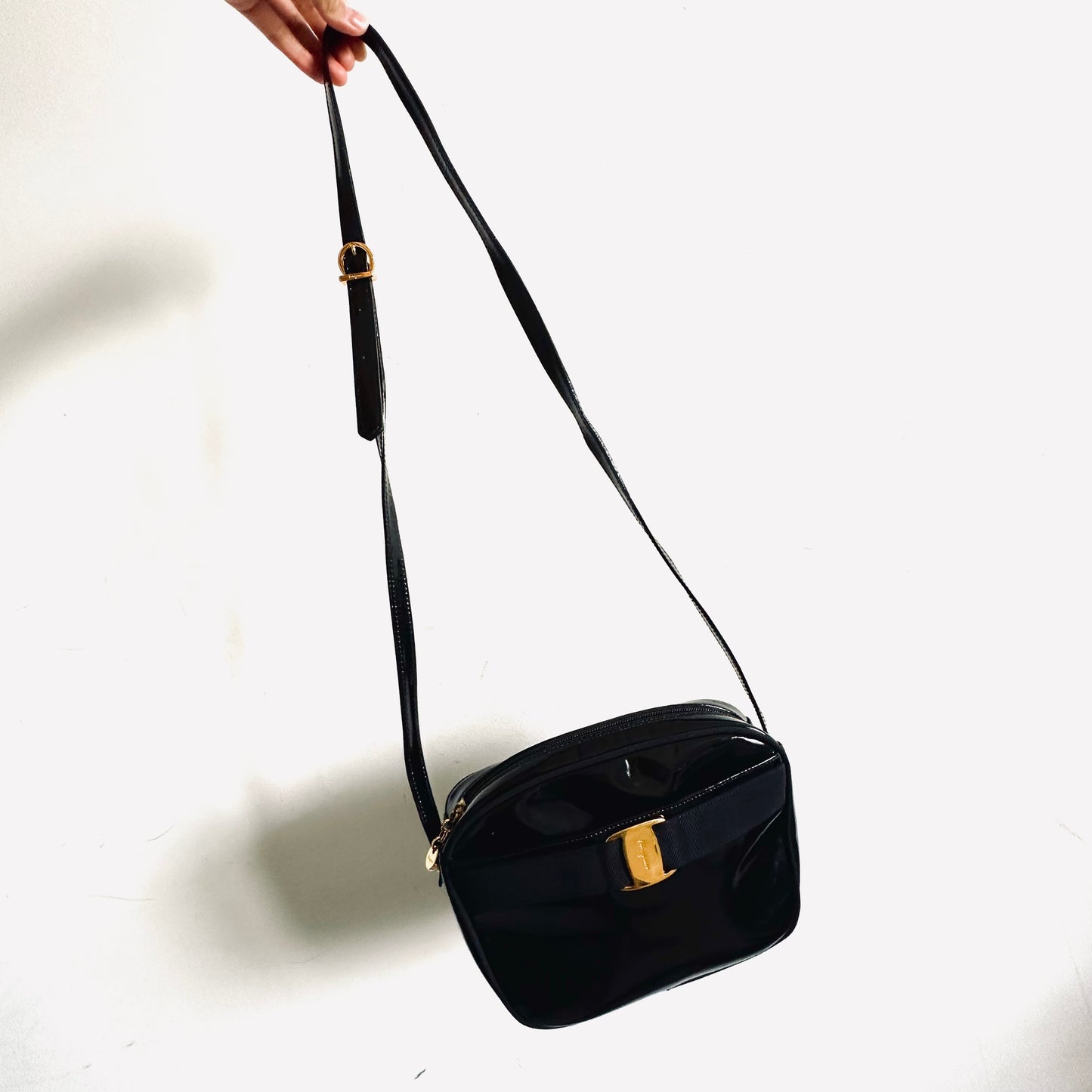 Salvatore Ferragamo Black GHW Vara Bow Camera Patent Leather Shoulder Sling Bag