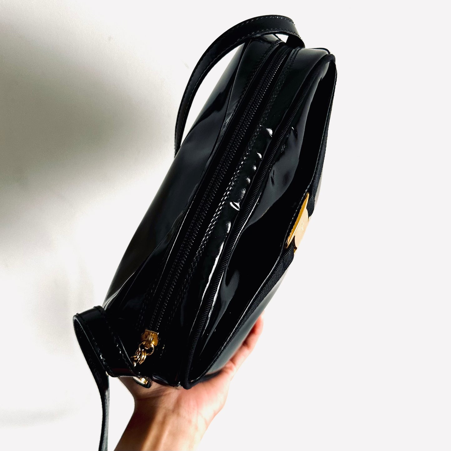 Salvatore Ferragamo Black GHW Vara Bow Camera Patent Leather Shoulder Sling Bag