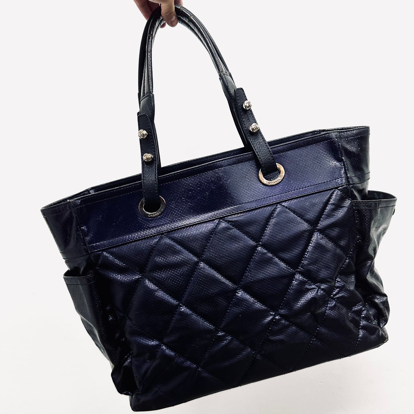 Chanel Indigo Paris Biarritz CC Monogram Logo Quilted Coated Fabric & Leather Shopper Shoulder Tote Bag With Pockets 13s