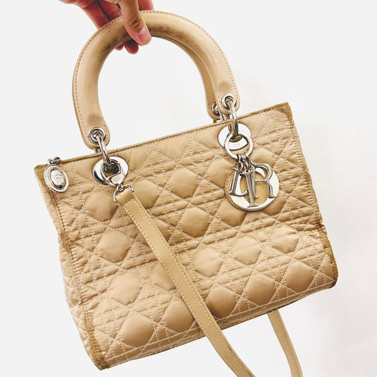 Christian Dior CD Beige Medium Lady Dior Cannage Quilted Fabric Monogram Logo 2-Way Top Handle Shoulder Sling Bag