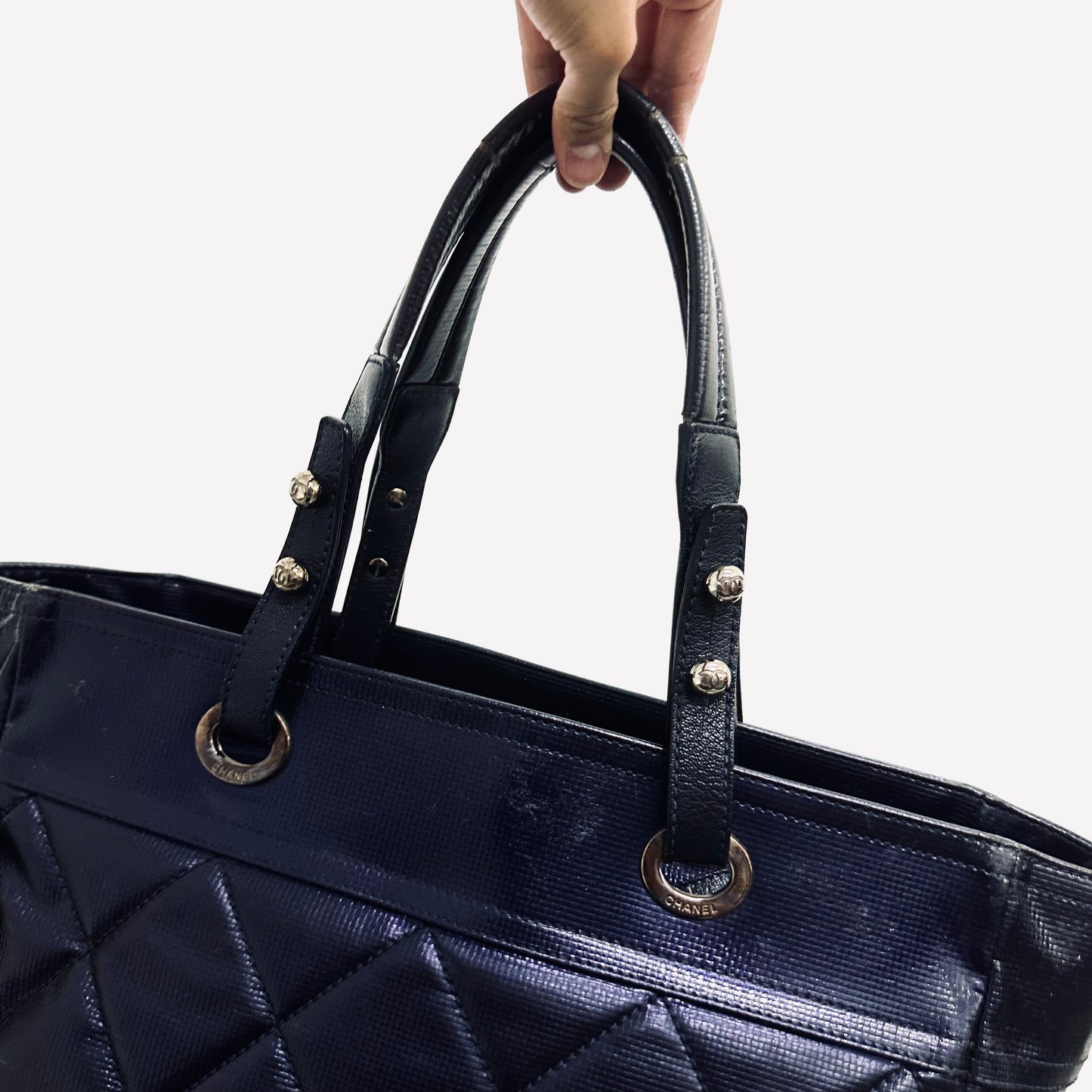 Chanel Indigo Paris Biarritz CC Monogram Logo Quilted Coated Fabric & Leather Shopper Shoulder Tote Bag With Pockets 13s