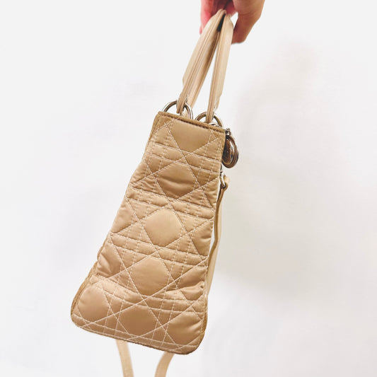 Christian Dior CD Beige Medium Lady Dior Cannage Quilted Fabric Monogram Logo 2-Way Top Handle Shoulder Sling Bag