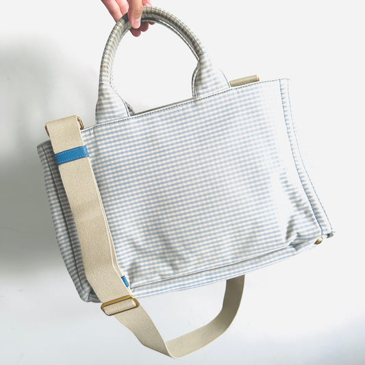 Prada Blue / White Gingham GHW Canapa Classic Logo Tessuto Structured 2-Way Shopper Shoulder Sling Tote Bag