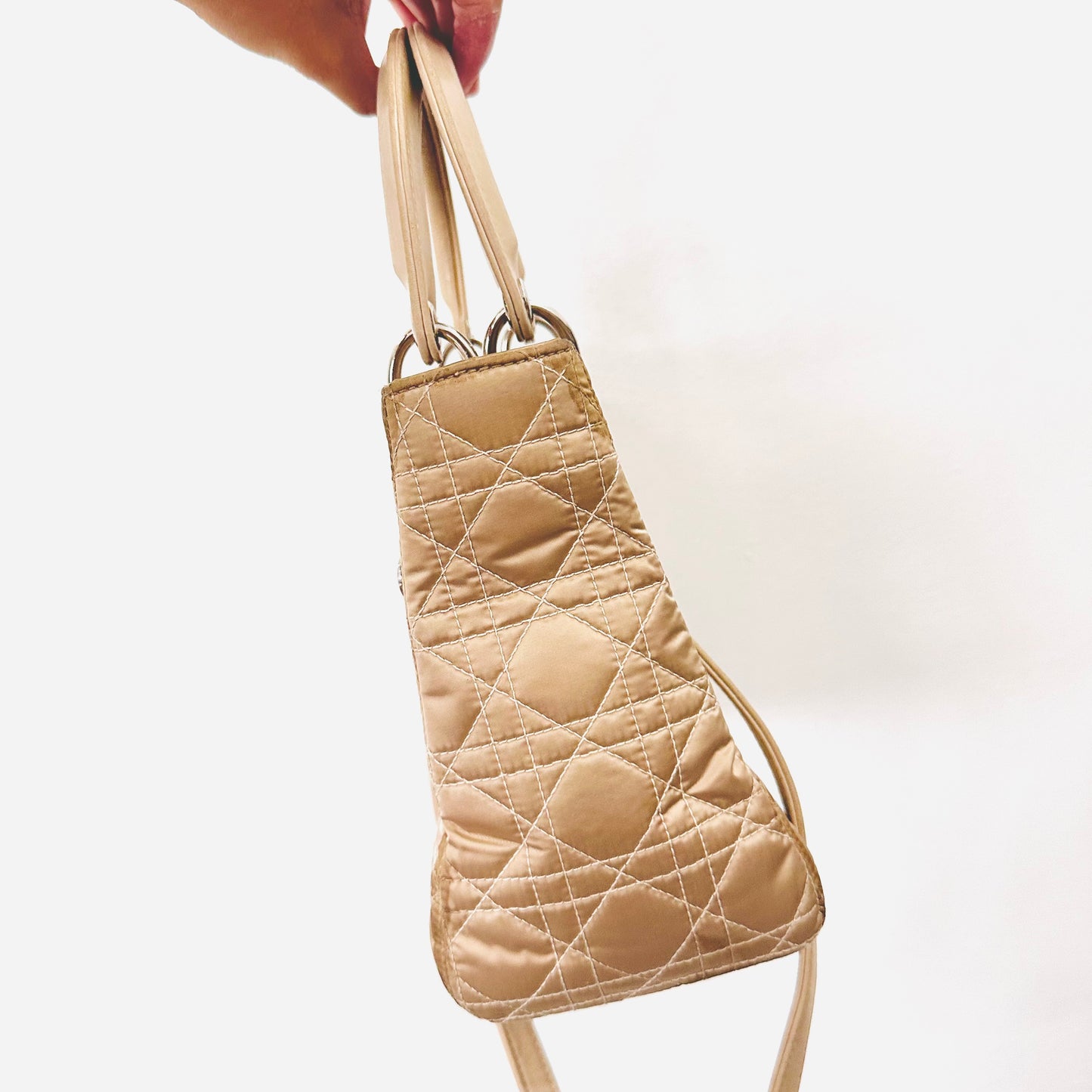 Christian Dior CD Beige Medium Lady Dior Cannage Quilted Fabric Monogram Logo 2-Way Top Handle Shoulder Sling Bag