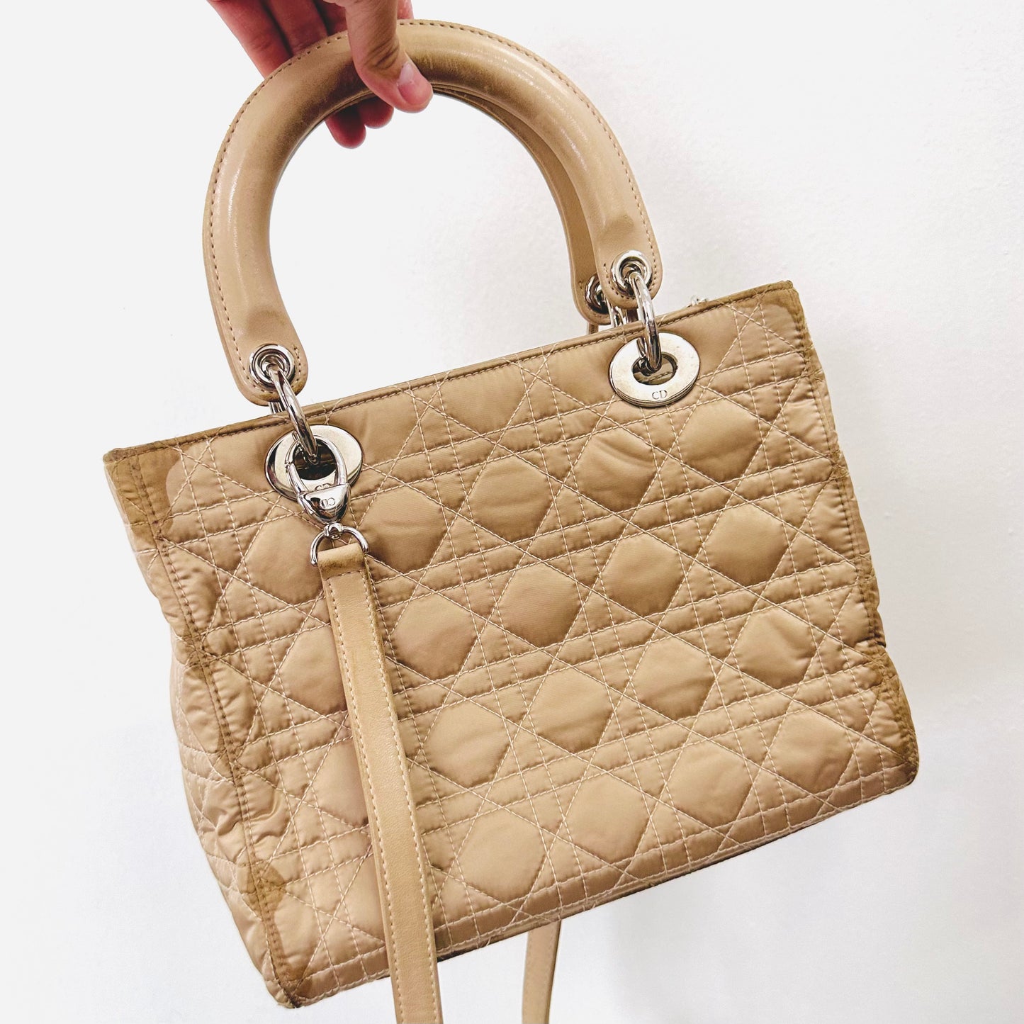 Christian Dior CD Beige Medium Lady Dior Cannage Quilted Fabric Monogram Logo 2-Way Top Handle Shoulder Sling Bag