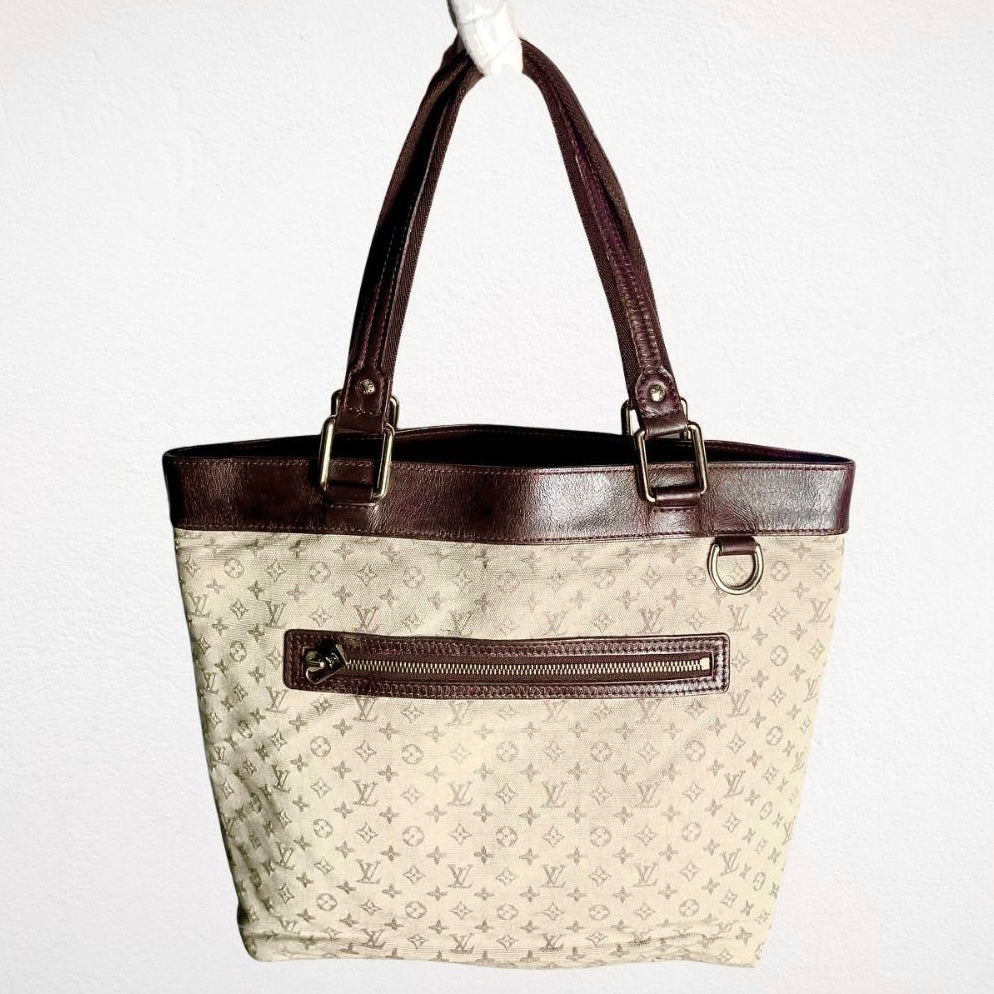 Louis Vuitton LV Mini Lin Lucille Brown / Beige GHW Monogram Logo Shopper Shoulder Tote Bag