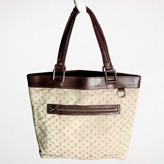 Louis Vuitton LV Mini Lin Lucille Brown / Beige GHW Monogram Logo Shopper Shoulder Tote Bag